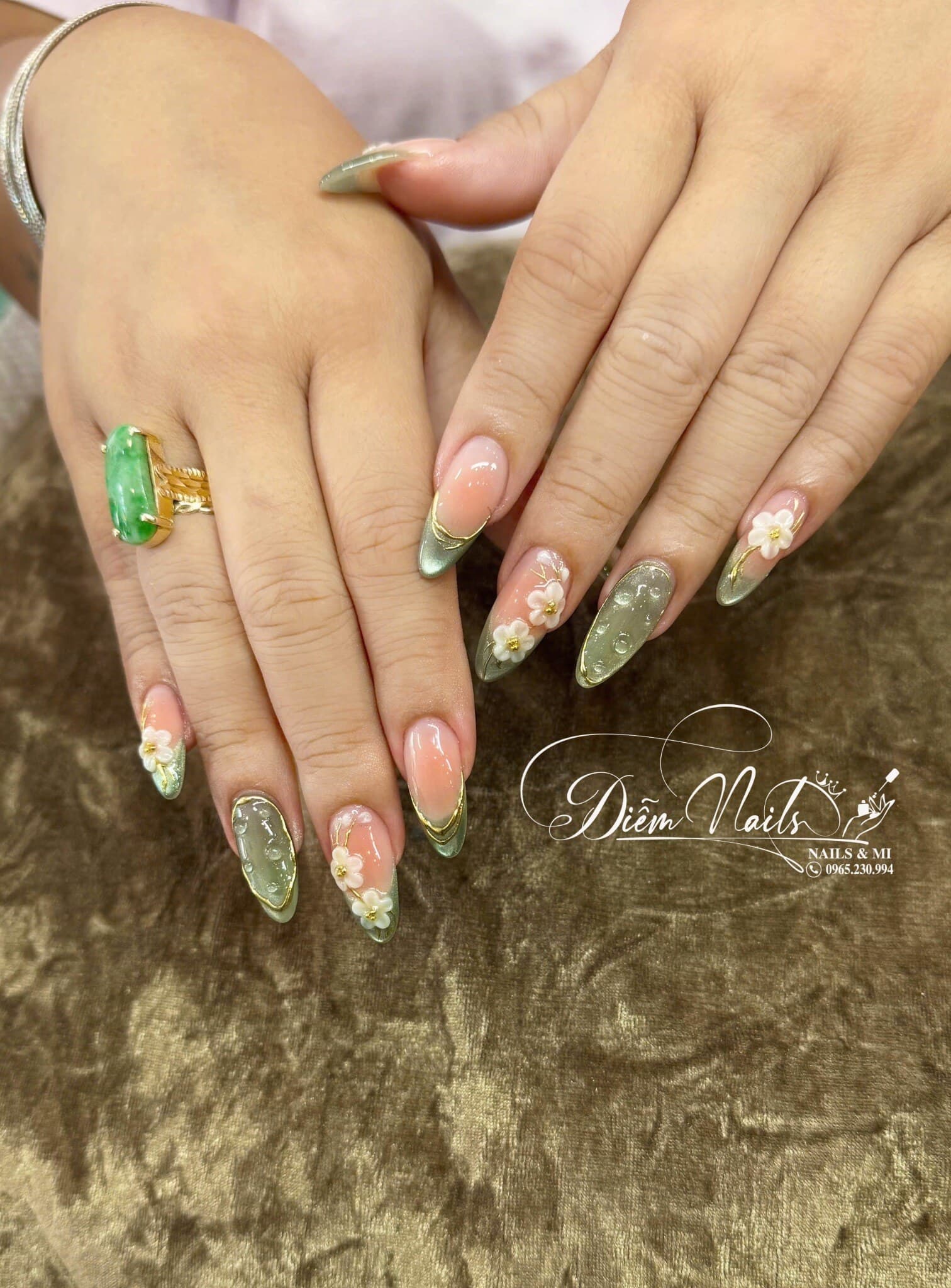 Diễm Nails — nail French xanh đính hoa
