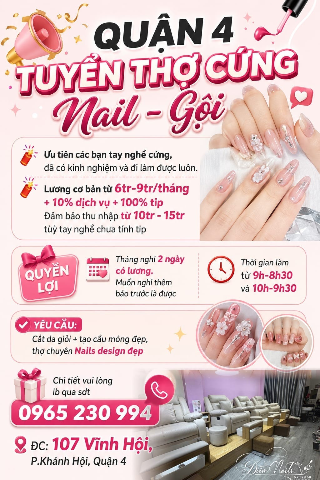 Diễm Nails Quận 4 tuyển thợ Nail - Gội tay nghề cứng, lương 6tr-9tr + 10% dịch vụ + 100% tip
